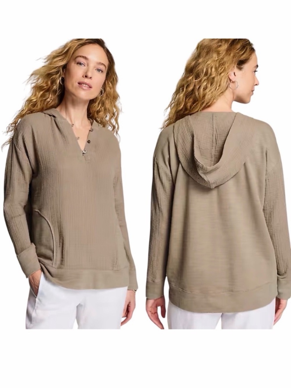 J.Jill Pure Jill Gauze Hoodie Organic Cotton Driftwood Beige Petite Small